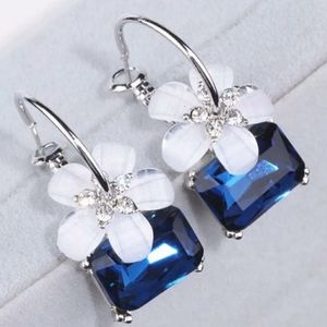 NEW Blue Sapphire Square Crystal  Earrings with Flower Charm